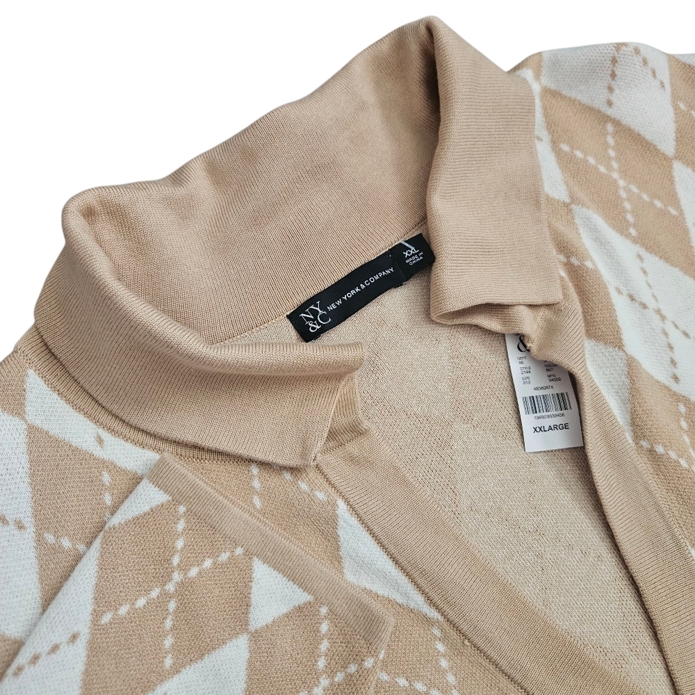 New York & Company Argyle Tan Cream Sweater Sz‎ XXL NWT Academia Preppy Fall